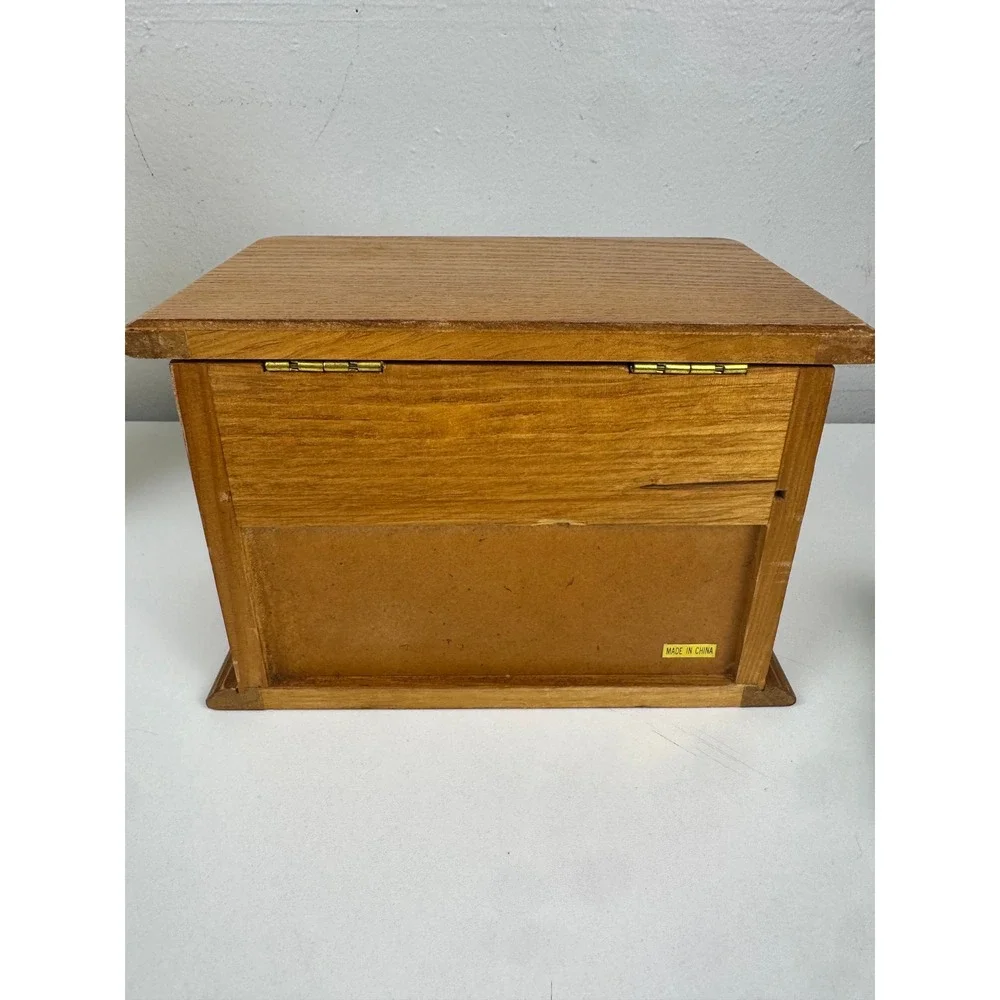 Vtg Wooden Jewelry Box Heart Carved Oak Finish Mirror Ring Storage Organizer